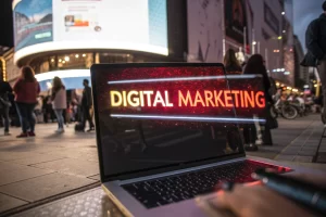 A digital interface showcasing a bold branded URL surrounded by a vibrant online environment, emphasizing its importance in digital marketing.