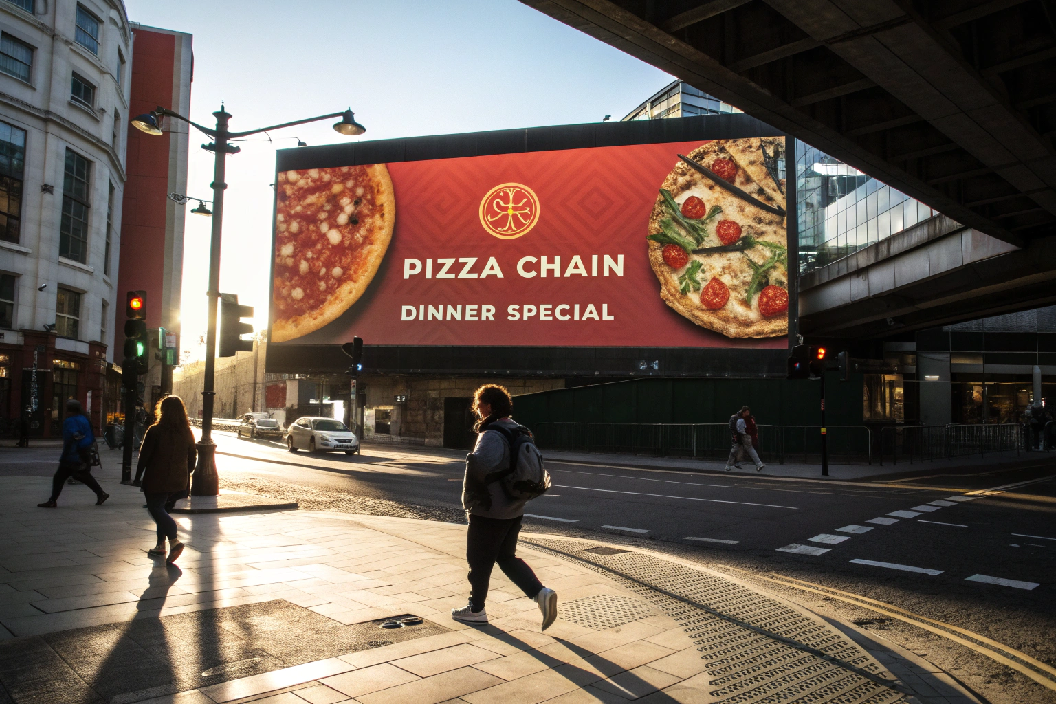 A city scene featuring a digital billboard promoting a local pizza restaurant's dinner special, with busy streets and a vibrant urban atmosphere.