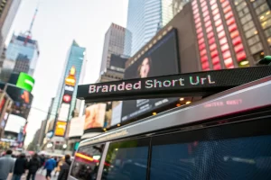 A digital advertisement screen in a busy city shows a clear, high-resolution branded short URL link. The background is blurred to emphasize the link, while the colors are bright and vivid, conveying a sense of trust and sophistication.