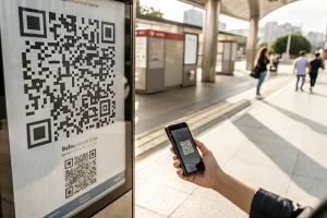 A smartphone elegantly scanning a QR code in a café, showcasing modern technology with clear patterns on the code and a stylish design of the phone.