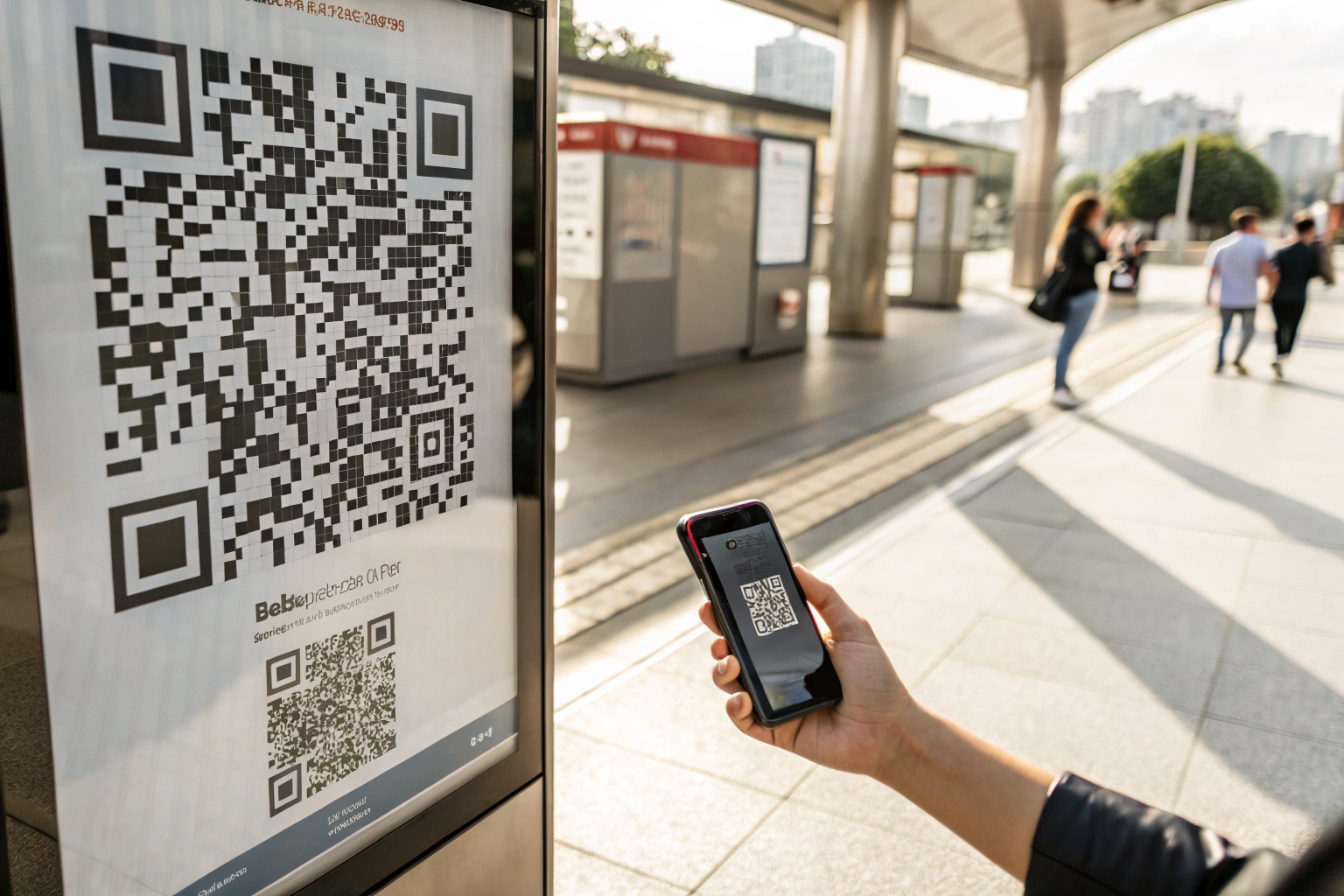A smartphone elegantly scanning a QR code in a café, showcasing modern technology with clear patterns on the code and a stylish design of the phone.