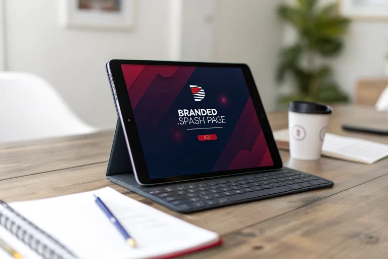 A stylish tablet displaying a colorful branded splash page in a modern workspace, featuring logos, a headline, and a call-to-action button. The backdrop is minimalistic, highlighting the tablet's design and the digital content showcased.