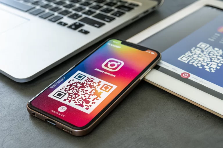 A smartphone displays a dynamic and colorful QR code, positioned on a sleek desk within a vibrant digital marketing environment, emphasizing social media integration and user interaction.