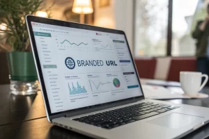 A digital marketing dashboard with a branded URL, displaying graphs and metrics in a sleek, modern design with diffused glow lighting and an off-center composition.