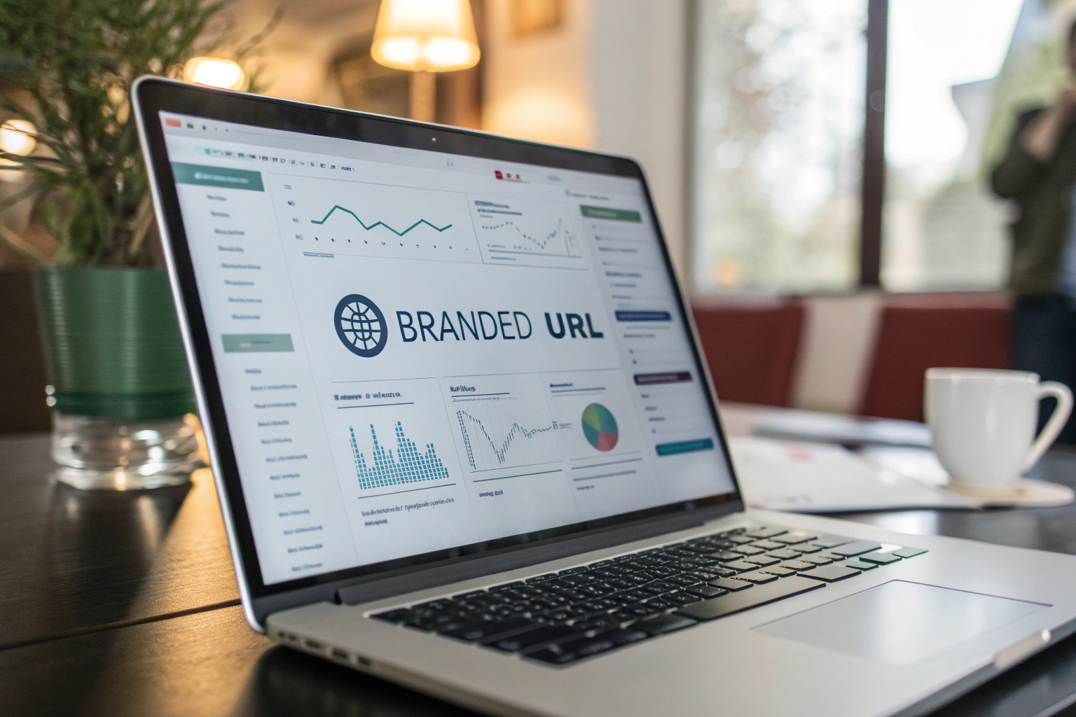 A digital marketing dashboard with a branded URL, displaying graphs and metrics in a sleek, modern design with diffused glow lighting and an off-center composition.