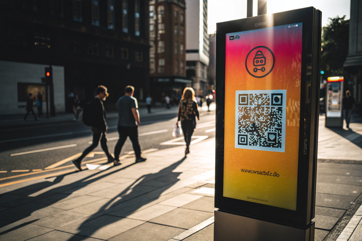 A bright digital board displaying a colorful branded QR code with a generic logo, set in a busy urban environment with a blurred cityscape and people passing by.