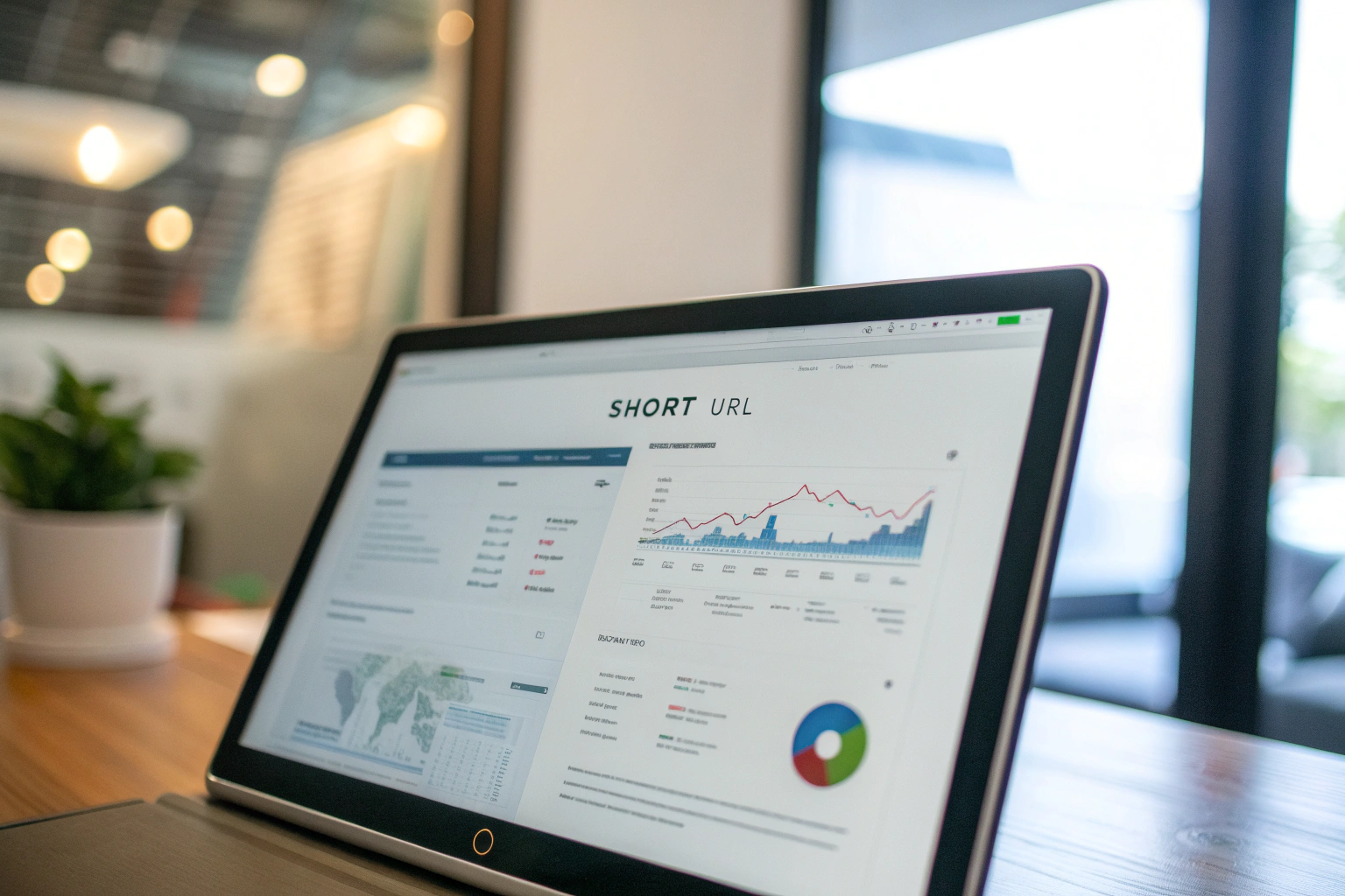 A digital marketing dashboard featuring a prominently displayed branded short URL, surrounded by blurred analytics. The design showcases modern aesthetics, clean lines, and an emphasis on performance tracking.