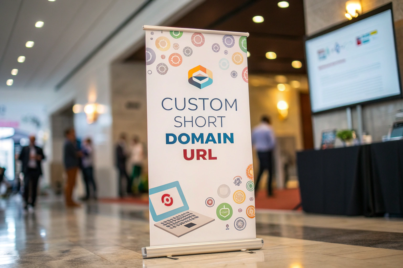 A digital marketing banner showcasing a custom short domain URL with soft, diffused lighting, focused foreground on the URL, and vibrant graphics in the background, conveying professionalism and trust.