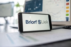 A smartphone displaying a prominent branded short link, set against a blurred backdrop of a digital marketing office, with soft lighting enhancing the clarity and professionalism of the image.