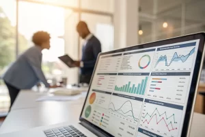 A digital analytics dashboard filled with graphs and statistics in a modern office setting, emphasizing data visualization and empowering insights with a polished and sleek design.