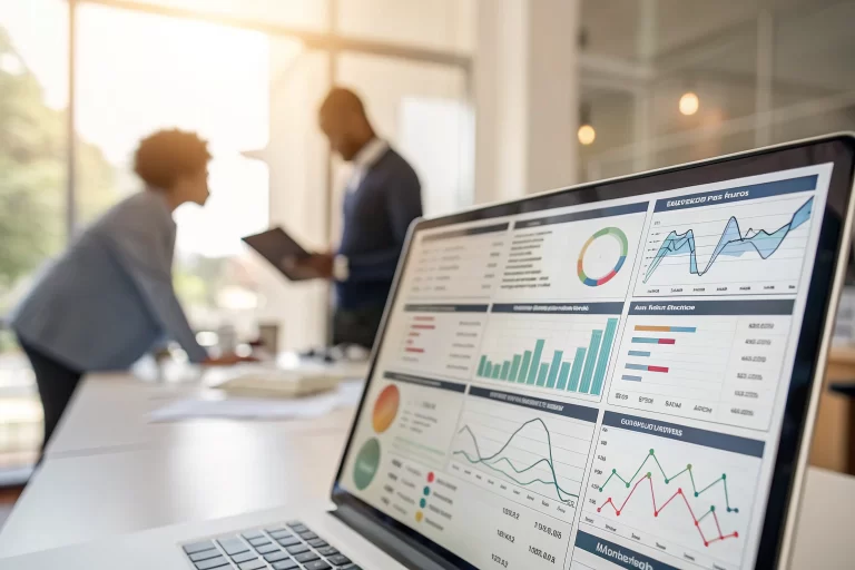 A digital analytics dashboard filled with graphs and statistics in a modern office setting, emphasizing data visualization and empowering insights with a polished and sleek design.