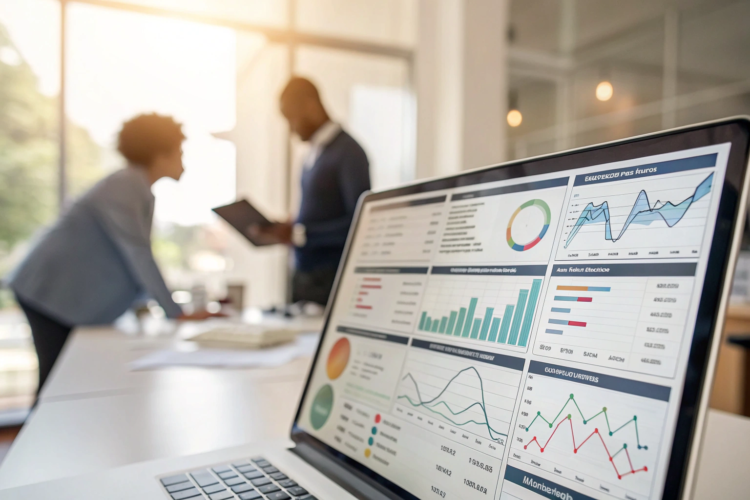 A digital analytics dashboard filled with graphs and statistics in a modern office setting, emphasizing data visualization and empowering insights with a polished and sleek design.
