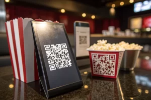 A modern product package showcasing a prominent QR code in a stylish retail environment with vivid colors, designed to highlight customer interaction and the link between physical and digital experiences.