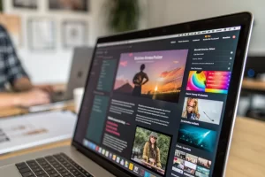 A digital screen showcasing a vibrant bio page loaded with dynamic links and colorful visuals, set in a blurred creative workspace. The interface is sleek and modern, illuminated with vivid colors, capturing a sense of productivity and engagement.