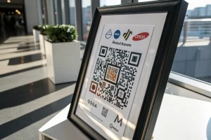 A digital marketing-themed image featuring a prominently displayed QR code with branded elements on a sleek background, showcasing a modern and innovative design.