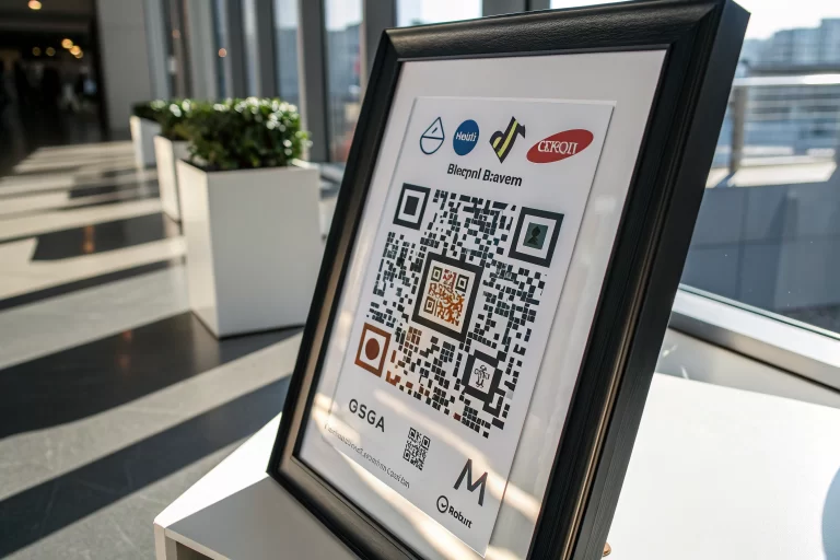 A digital marketing-themed image featuring a prominently displayed QR code with branded elements on a sleek background, showcasing a modern and innovative design.