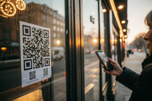 Close-up of a dynamic QR code decal on a glass door, with a hand holding a smartphone mid-scan. The composition focuses on texture and reflections, set against a blurred urban background with warm golden-hour lighting.