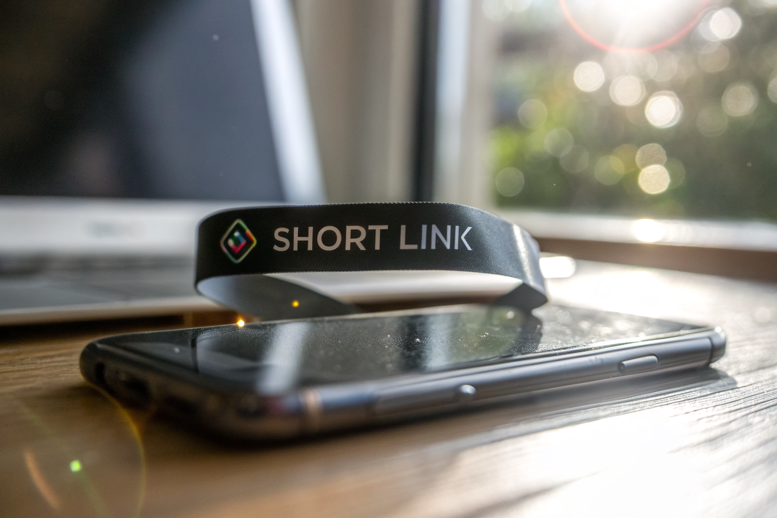 A close-up of a holographic short URL ribbon, displaying a branded link above a smartphone, with a blurred email compose window in the background. The image emphasizes trust and clickability with modern typography and soft lighting effects.