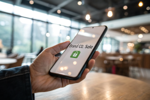 Close-up of a glossy smartphone in a hand displaying a branded URL with a secure lock icon, featuring analytics overlay. Background is blurred cafe or office.