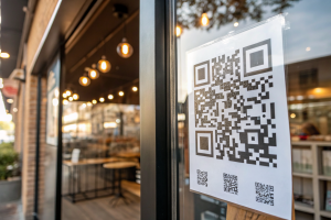 Close-up of a large printed QR code on a glossy postcard taped to a storefront window, showing detailed textures and a blurred retail interior behind it.