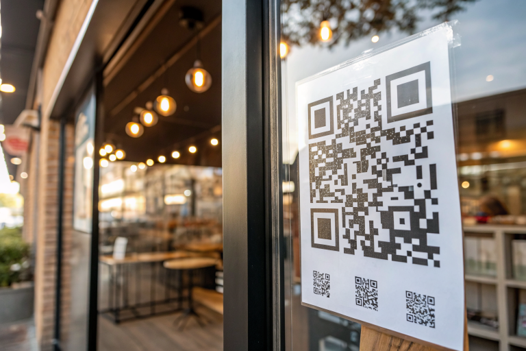 Close-up of a large printed QR code on a glossy postcard taped to a storefront window, showing detailed textures and a blurred retail interior behind it.